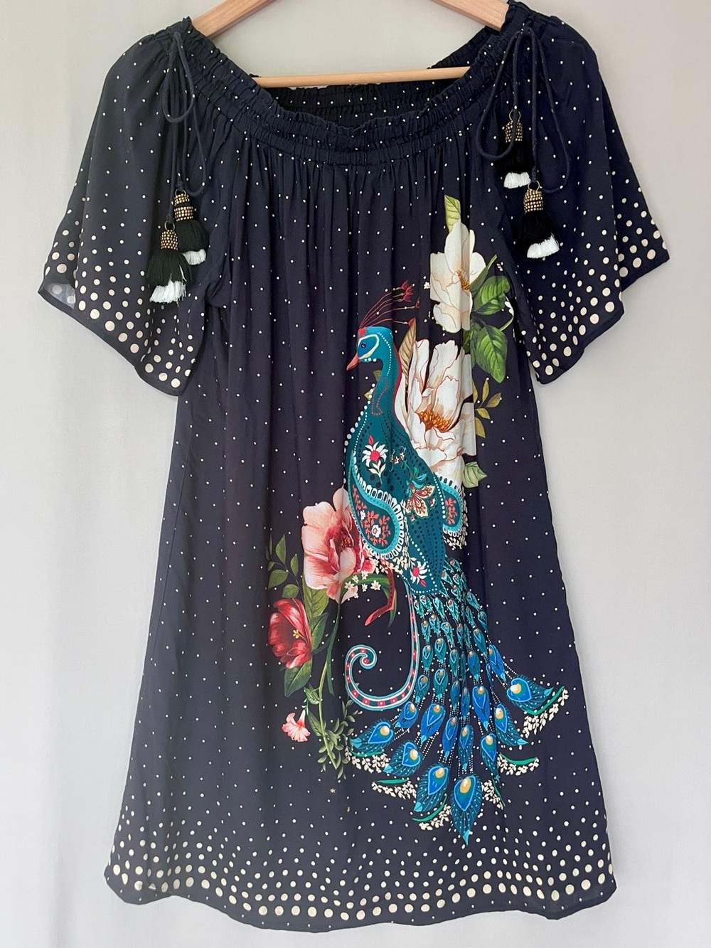 Farm Rio Peacock Floral Off Shoulder Mini Dress Tassel Tie S Maximalist Boho